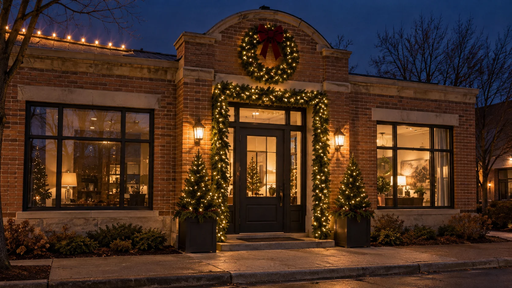 a commercial entrance with lighted wreath, garland and trees