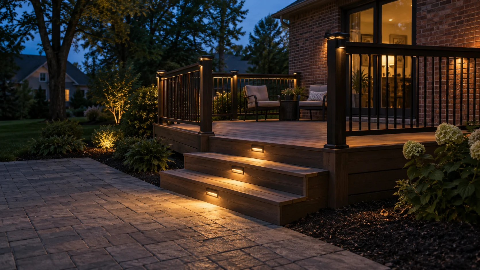 warm lights on deck steps and railing