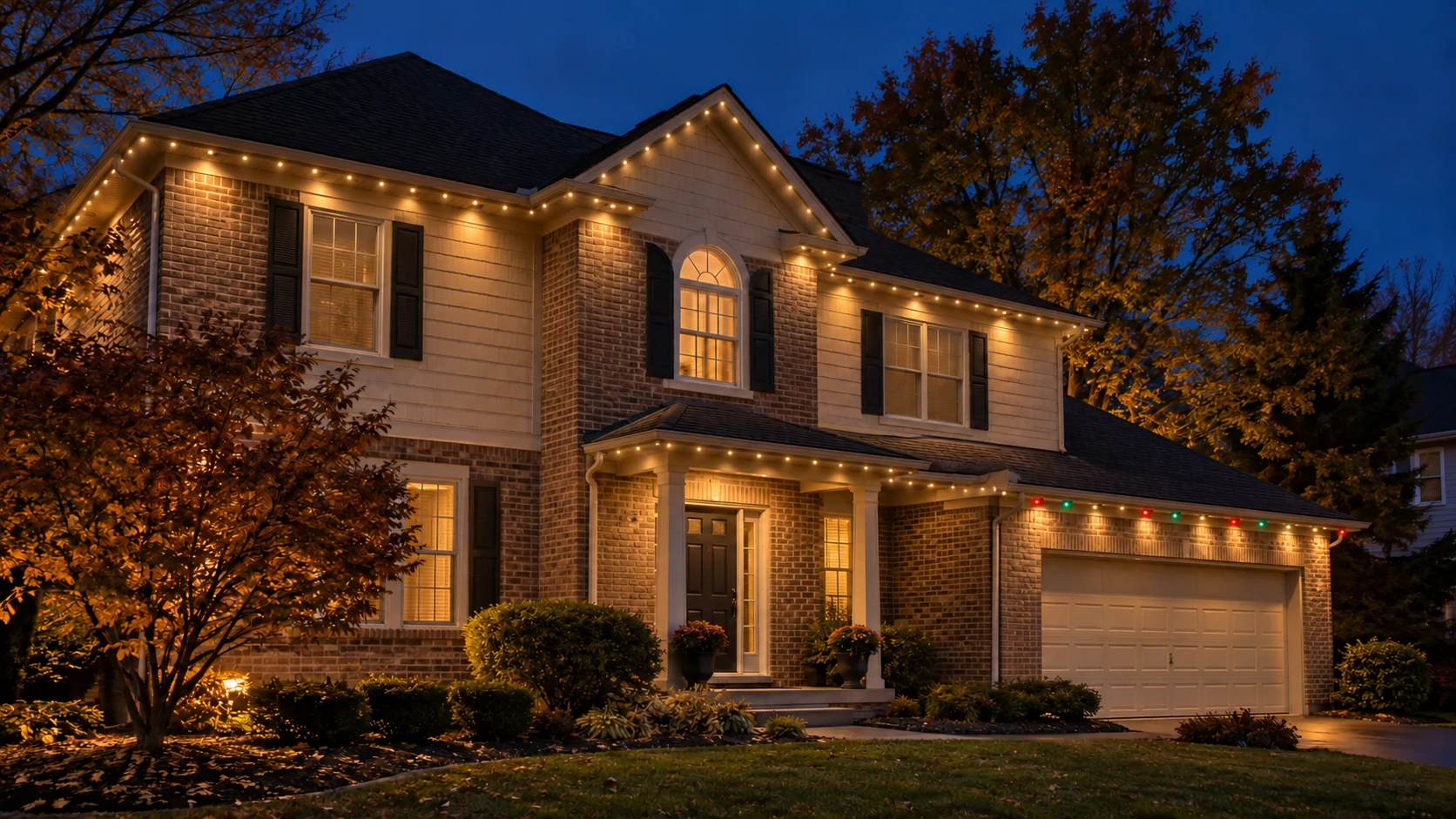 small permanent lights outlining a home roofline